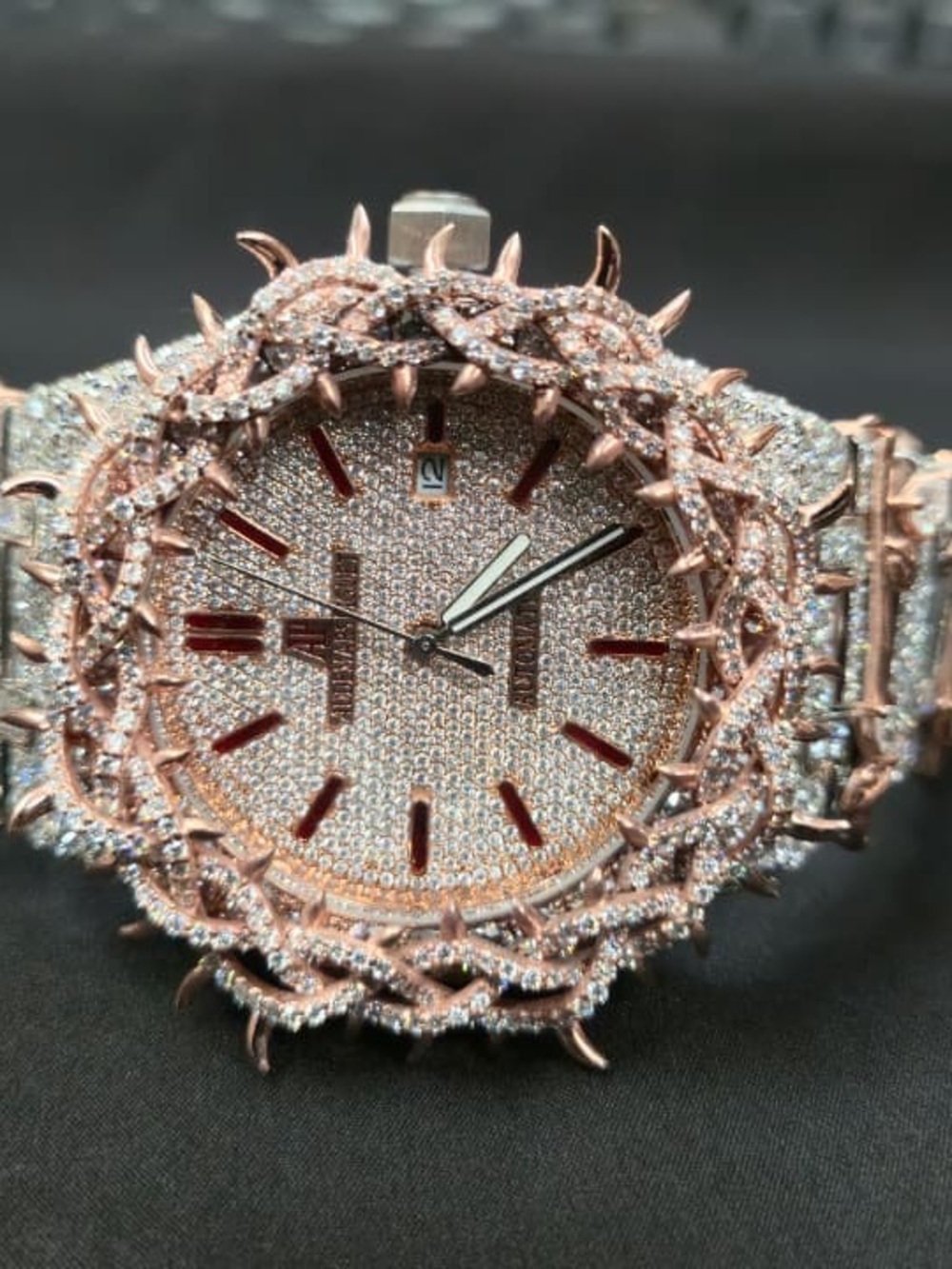 Rose Gold Pavé Crystal Men's Watch with Spiked Bezel